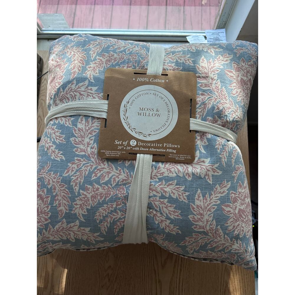 New Bundle of 2 Moss & Willow Light Blue/Pink Cotton Pillows 20”x20”